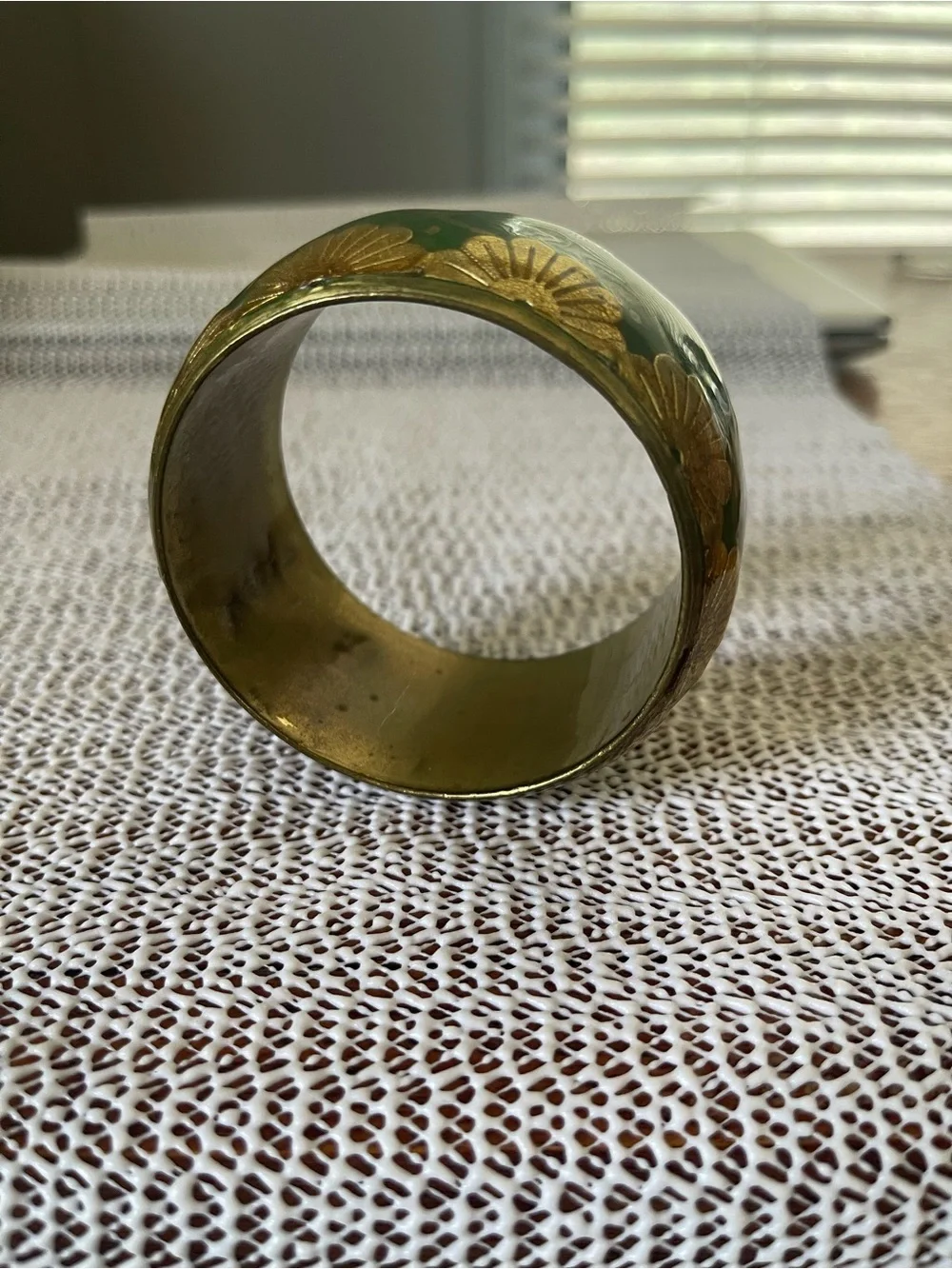 Vintage brass & enamel green/gold bangle bracelet 7”, good condition